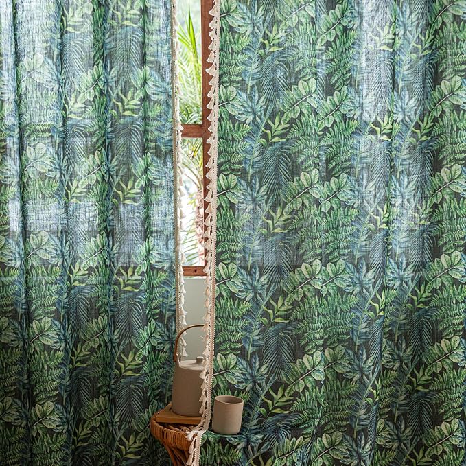Deeprove Boho Curtains Tropical Botanical Leaves Print 63 Inches Long Fringes Natural Rainforest Plant Window Treatments for Summer Bedroom Aesthetic Privacy 2 Panels Pair 52W x 63L