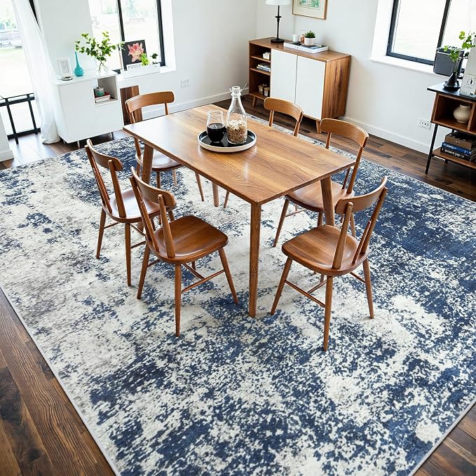 Area Rug Living Room Rugs: 8x10 Large Soft Indoor Carpet Modern Abstract Decor Rug with Non Slip Rubber Backing for Under Dining Table Nursery Home Office Bedroom Blue