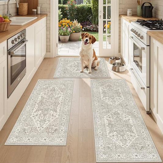 Madane Washable Kitchen Rug Set of 3 Small Area Rugs Non-Slip, Beige/Brown | Vintage Hallway Entryway Door Mat Indoor Entrance Low Pile Floor Carpet Runner for Inside Front Entry Laundry 2x3+2x4+2x5