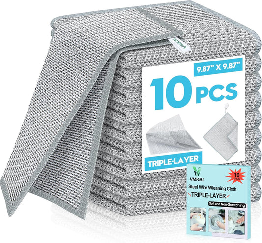 10 Pcs New Upgraded 3 Layers Non Scratch Wire Dishcloth, Multipurpose Wire Dishwashing Rags, Wet & Dry for Cookware, Sinks, Dishes, Stoves & Fireplaces 9.87“ x 9.87”