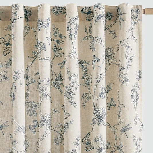 jinchan Floral Linen Curtains for Living Room - 96 Inch Length Butterfly Printed Toile Curtains - Blue French Country Farmhouse Flower Patterned Drapes - Back Tab Rod Pocket Set - 2 Panels