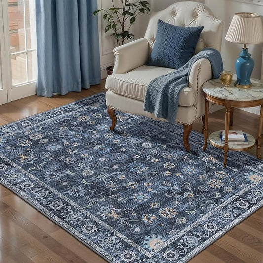 Tangsoo 3x4 Washable Rugs for Entryway Non Slip,Boho Distressed Vintage Blue Floral Throw Rugs Entry Rug for Bedroom, Soft Low Pile Floor Carpet Indoor Mat for Entrance Bedside Kitchen Nursery Office