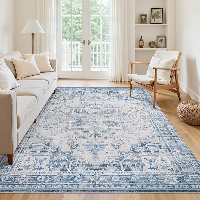 5x7 Area Rugs for Living Room:Blue Washable Vintage Medallion Boho Rug Non-Slip No Slip Stain Resistant Soft Low Pile Large Rugs Indoor Retro Carpet for Bedroom Nursery Dining Office (Blue Grey 5'x7')