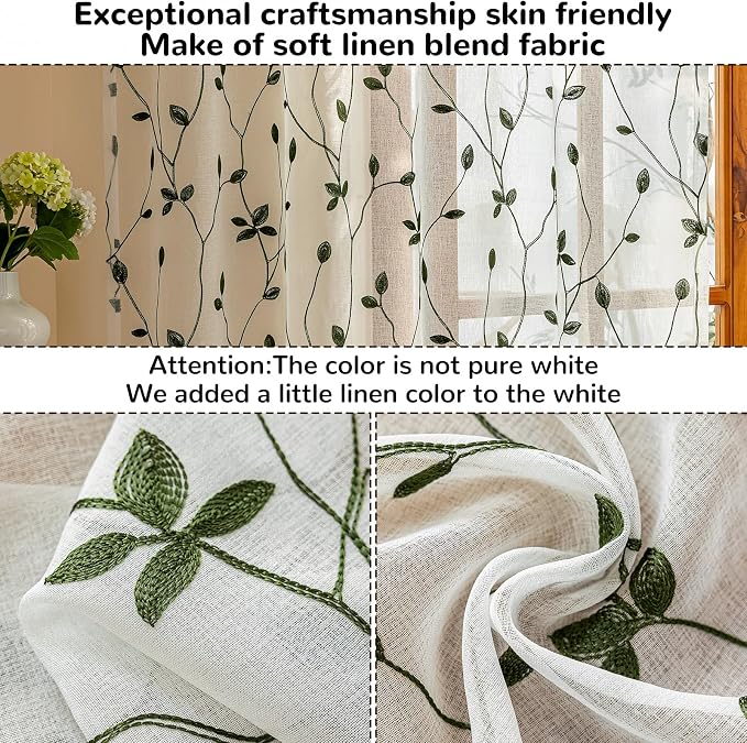 AmHoo 2 Panels Embroidered Leaf Pattern Semi Sheer Curtains Foliage Floral Voile Window Draperies Treatment for Bedroom Living Room Rod Pocket White Olive Green 53 x 95 Inch