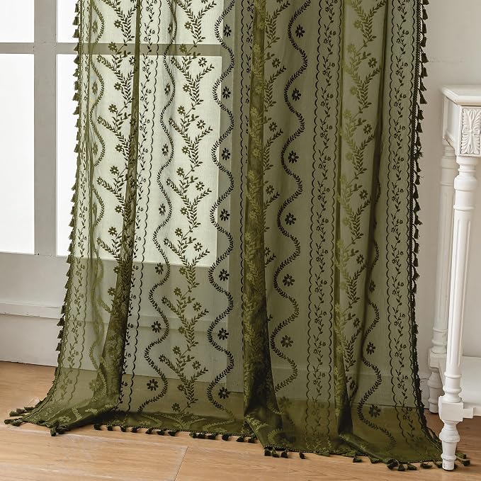 WAZZIO Boho Lace Curtains 2 Panels 84 Inch -Victorian Sheer Panel Drape French Country Floral Pattern & Tassel Light Filtering Privacy for Bedroom Dining Living Room,Coastal Decor,Olive Green,W52x L84