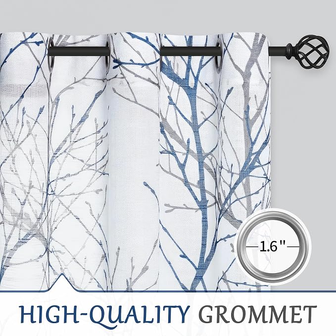 FMFUNCTEX Linen Semi Sheer Curtains for Bedroom, Blue White Curtains 63 Inches Long for Living Room, Grey Tree Branch Patterned Curtain Light Filtering Farmhouse Window Drapes, Grommet Top 2 Panels