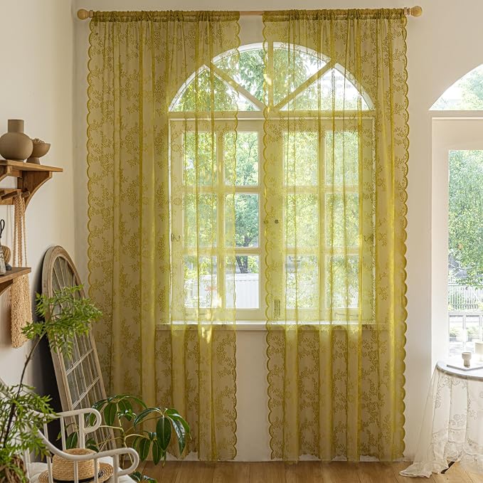 Sutuo Home Sage Green Lace Curtains 84 Inches Long for Bedroom Living Room 2 Panels Set, Boho Sheer Floral Embroidery Ruffled French Vintage Window Treatment Pair Doorway Decor Rod Pocket, W57 x L84