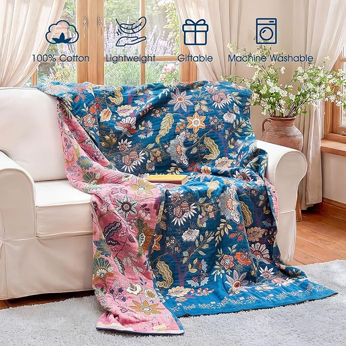 Boho Throw Blanket - 100% Cotton Ultra Soft Muslin Spring Blanket, 60"x80" Lightweight Floral Butterfly Framhouse Bedding Blanket for Bed, All Season Blue Bohemian Bedroom Home Decor Quilt