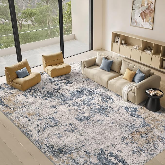 9x12 Area Rugs for Living Room - Washable Living Room Rug 9x12, Large Abstract Modern Neutral Soft Carpet with Non-Slip Backing, Stain Resistant for Bedroom Dining Indoor Decor (Blue Brown)