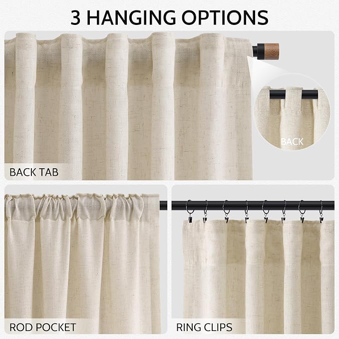 Linen Curtains for Living Room 102 Inches Long Modern Farmhouse Decor Light Filtering Semi Sheer Curtain Back Tab Luxury Neutral Rustic Floor to Ceiling High Window for Bedroom 52x102, 2 Panels