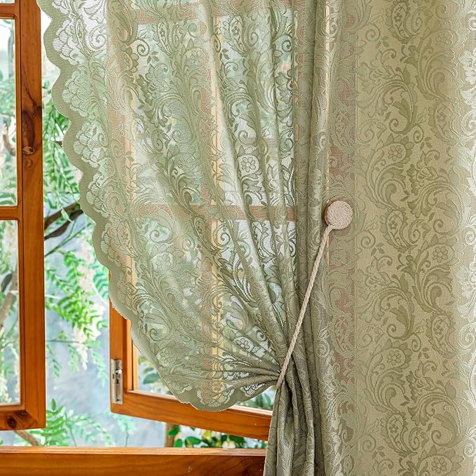 ALIGOGO Sage Green Sheer Curtains 72 Inches Long - Floral Boho Lace Curtains for Bedroom French Door Sliding Door, Vintage Privacy Scalloped Edges Easter Spring Summer Decor, 52 x 72 Inch, Light Green