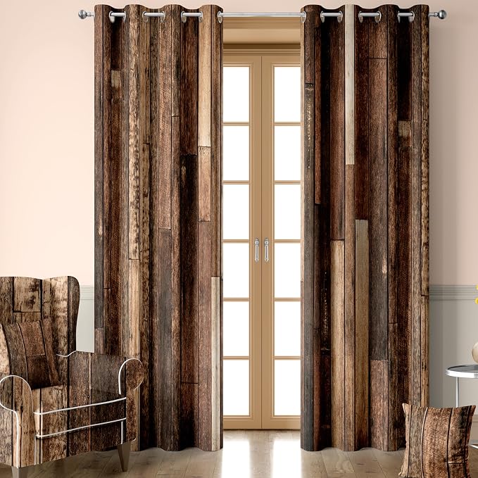iTapnoom Rustic Wooden Brown Blackout Curtains, Retro Farmhouse Wood Board Door Living Room Bedroom Decor Thermal Curtain Darkening Grommet Window Drapes Treatments, 2 Panels 52x84 Inch