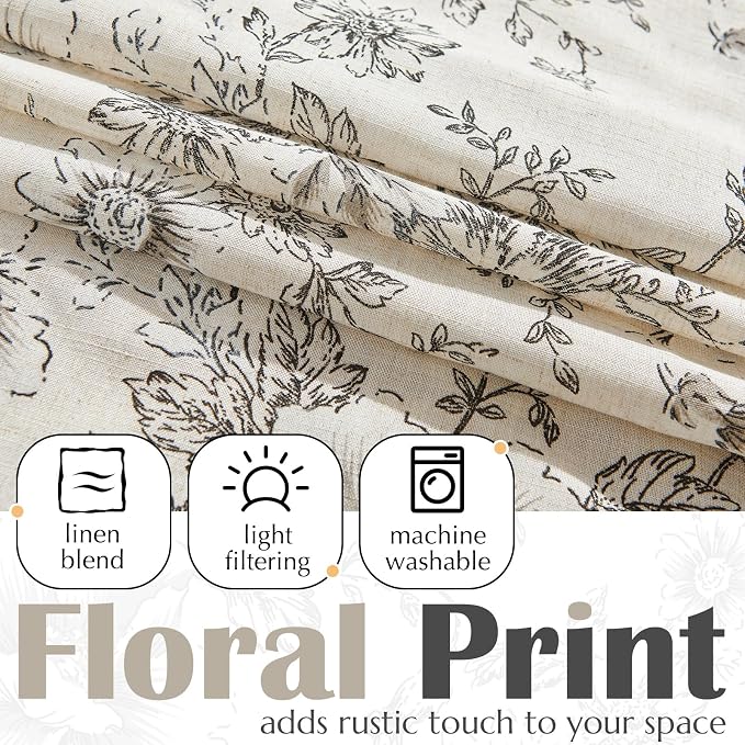 jinchan Linen Valance Curtain Farmhouse Black Floral Small Window Curtain Double Layer Light Filtering Fall Valance for Kitchen Rustic Biege for Living Room Bedroom 18 Inch Rod Pocket One Panel
