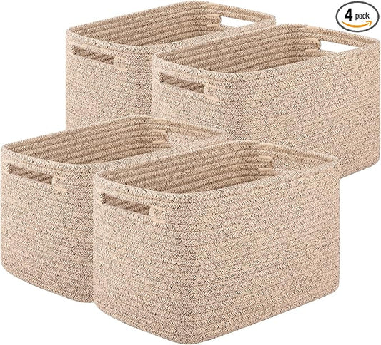 OIASKET Storage Baskets for Organizing, Woven Decorative Baskets for Shelves - Books, Towels, and Clothes, Cotton Rope Toy Storage Bins, 12.7''Lx9''Wx7.8''H, Pack of 4, Brown