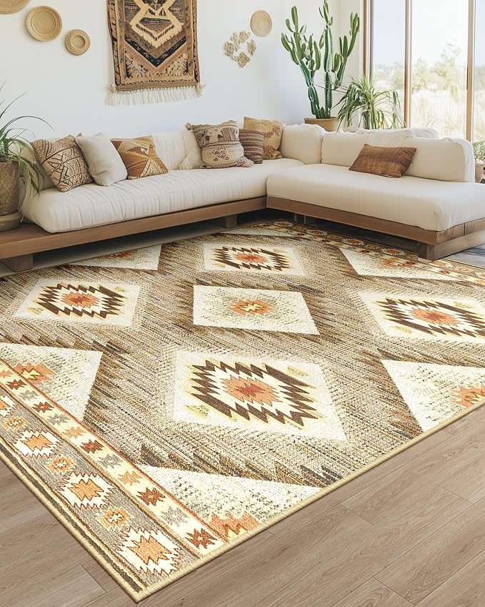 BESTSWEETIE Area Rug 10x14 Rug Machine Washable Non-Slip Low Pile Print Pattern Western Rug for Living Room Bedroom Entryway Tribal Series -Cream/Camel