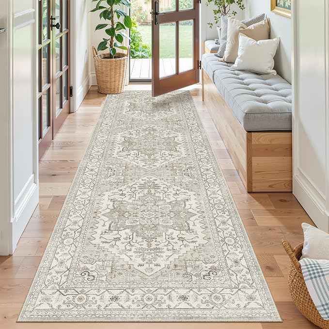 Madane Kitchen Runner 2'6''x8' Soft Rug Runners for Hallways, Beige/Brown | Vintage Machine Washable Rugs 2.5x8 Ft, Non-Slip Low Pile Stain-Resistant 8ft Floor Carpet for Laundry Room, Corridor