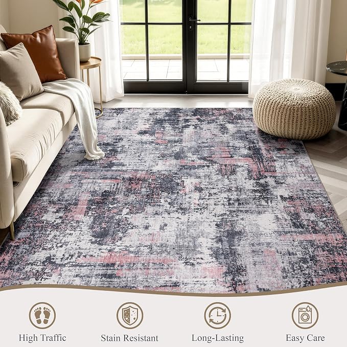 Sasttie 6x9 Soft Area Rug for Living Room, Modern Abstract Washable Carpet for Bedroom, with Non-Slip Backing, Black and Pink