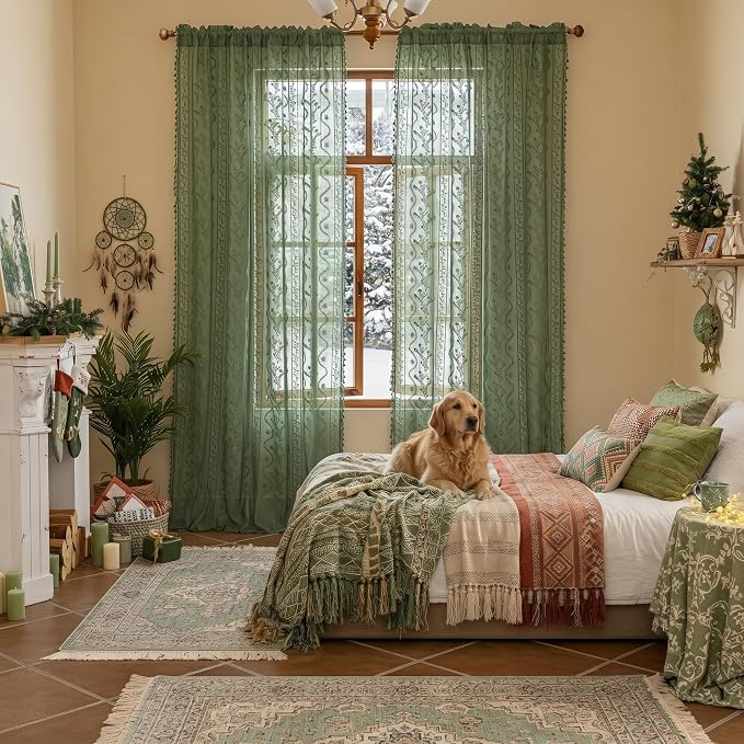 WAZZIO Boho Lace Curtains 2 Panels 84 Inches -Vintage Victorian Sheer Panel Drape French Country Floral Pattern & Tassel Light Filtering Privacy for Bedroom Dining Living Room,Dark Sage Green,W52x L84
