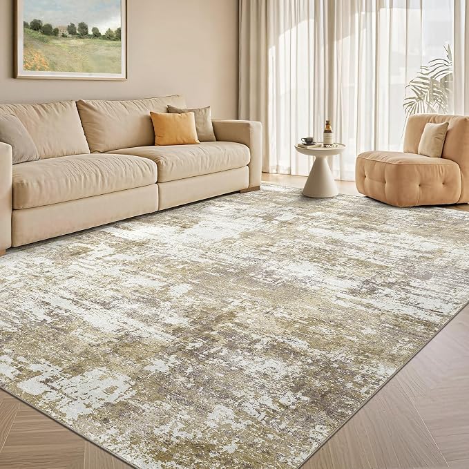 Tortania Area Rug Living Room Rugs - 6x9 Modern Abstract Neutral Large Soft Thin Rugs - Non Slip Indoor Carpet for Bedroom Dining Room Office Nursery Home Floor Decoration - Golden Brown