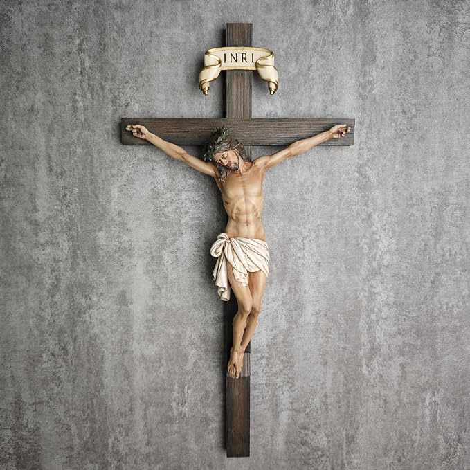 BC Catholic Crucifix Wall Cross 16" H Jesus Christ Cross for Wall | Wall Crucifix Back to School Blessing Catholic Gifts Religious Home Decor Renaissance Sculpture Handpainted by Buildclassic