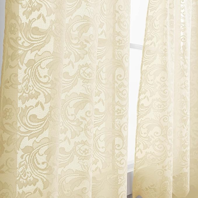 ALIGOGO Beige Cafe Curtains 24 Inch Length - Cottage Sheer Floral Mini Curtains for Small Window, Rod Pocket Privacy Short Vintage Decor for Kitchen Cabinet Bistro, 2 Panels, 26W x 24L Inch