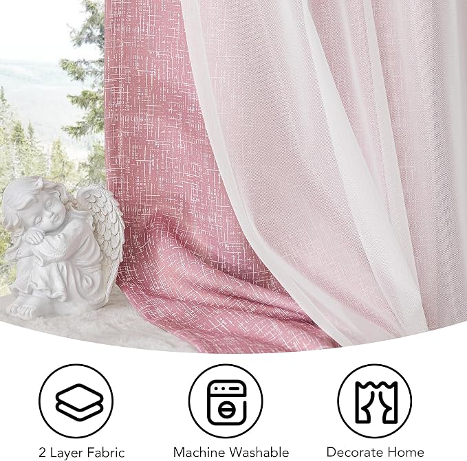 Ombre 100% Blackout Curtains 84 Inches Long 2 Panels for Girls Bedroom Living Room Pink and White Double Layer Sheer Overlay Mix & Match Grommet Thermal Soundproof Drapes with Tiebacks