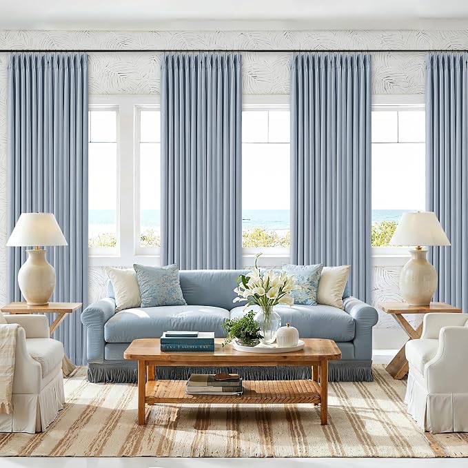 Light Blue 120 Inch Blackout Pinch Pleated Curtains 2 Panel Set for Living Room Darkening Thick Linen Textured 100% Black Out Drapes 120 Inches Long Pinch Pleat Light Blocking Bedroom for Babys Kids