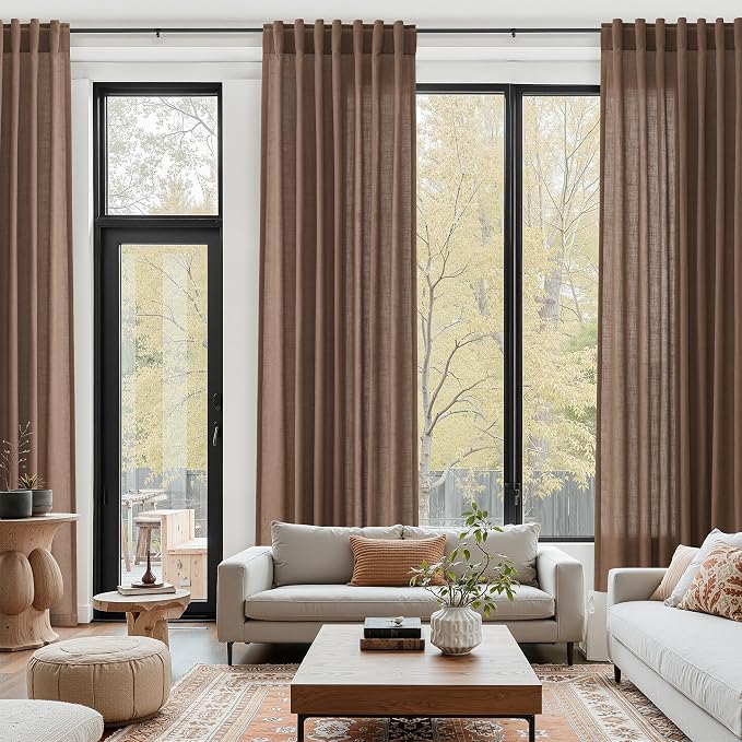 Nanspring Caramel Brown Linen Curtains for Living Room 105 Inches Long Back Tab Light Filtering Semi Sheer Vintage Rustic Curtain Luxury Boho Decor Drapes for Bedroom Office 52x105, 2 Panels