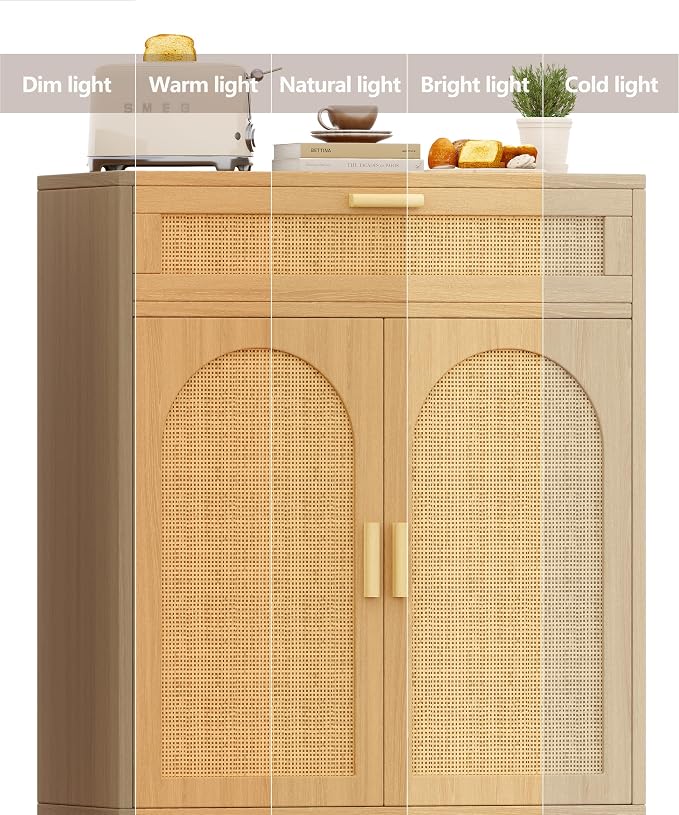 Keehusux Rattan Storage Cabinet with Drawer and 2 Doors, Accent Sideboard Buffet Cabinet with Adjustable Shelf, Solid Wood Feet, Coffee Bar for Kitchen, Living Room, Entryway, Natural Oak