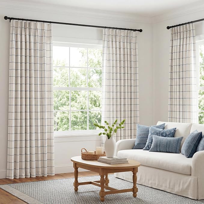 THREE GIRLS Pinch Pleated Plaid Curtains Blackout Linen Gingham Blue Curtains for Living Room,Bedroom Checkered 120 Inches Long Double Layer 2 Panels Set Luxury and Modern Printed Design Darkening