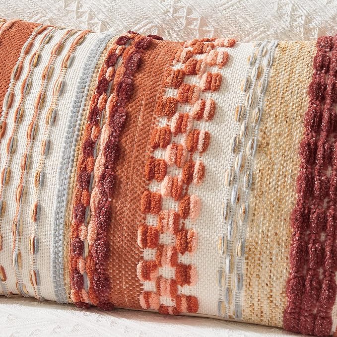 Kevin Textile 12x20 Inch Lumbar Throw Pillow Cover 1 Pack Fall Boho Decorative Soft Chenille Thread Woven Tufted Textured Rectangle Cushion Case for Living Room Couch Sofa Bed, Burnt Orange