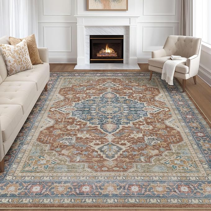7x10 Area Rug Living Room: Washable Boho Large Neutral Vintage Soft Rug Stain Resistant Farmhouse Non-Slip Indoor Floor Carpet for Bedroom Nursery Kids Playroom Office Dining Room- Red Multi