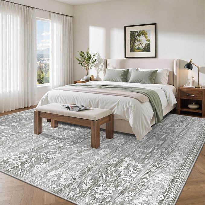 Soalmost 9x12 Area Rugs for Living Room, Washable Neutral Soft Rug Grey | Vintage Floral Non-Slip Low Pile Stain Resistant Throw Large Carpet for Dining Room Bedroom Kitchen Home Office 9'x12'
