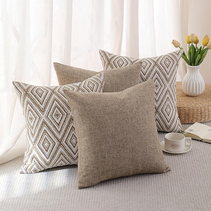 HPUK Throw Pillow Covers 20x20 Inch Set of 4, Linen Decorative Pillow Covers, Accent Cushion Covers for Couch Sofa Bed Bedroom Living Room Décor, Light Brown