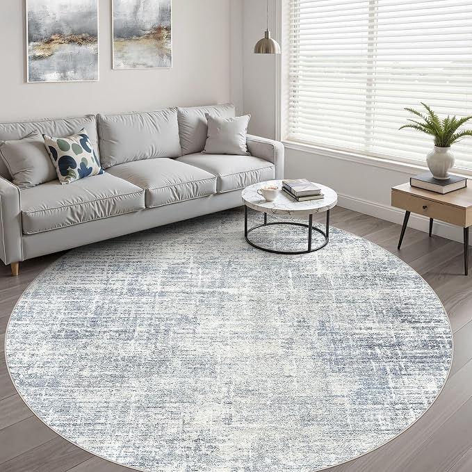 7ft Round Rug Living Room: 7x7 Washable Large Neutral Blue Circle Area Rug Abstract Soft Modern Stain Resistant Indoor Floor Non-Slip Carpet for Bedroom Nursery Kids Office Playroom Dining Room