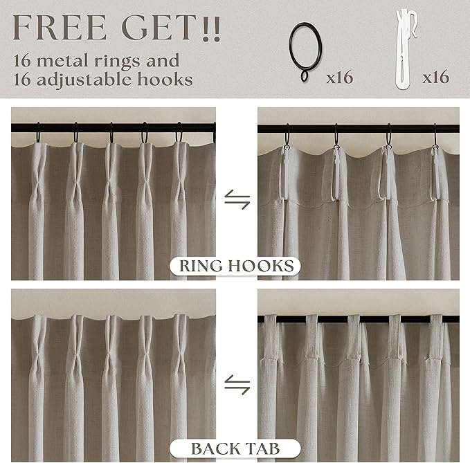 Pinch Pleated Linen Curtains 100 Inches Long for Living Room 2 Panels Set Greyish Beige Flax Double Pleated Drapes Back Tab Farmhouse Ceiling Floor 100 Inch Window Curtains Bedroom Burlywood Birch