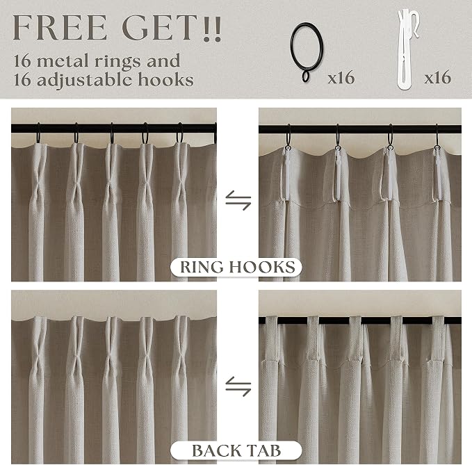 Flax Linen Curtains Pinch Pleated 84 Inch Length 2 Panels for Living Room Bedroom Burlywood Birch Semi Sheer Rustic Farmhouse Back Tab Pinch Pleat Hooks Rings Window Curtain 84 Inches Long Taupe
