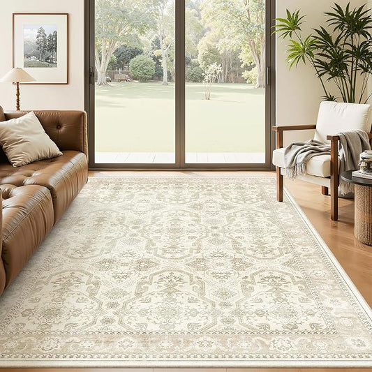 Soalmost 5x8 Area Rugs Beige/Brown Low Pile Indoor Washable Trendy Faded Style Rugs for Bedroom Living Room Dining Room Foldable Non-Slip Thin Print Home Office Mat
