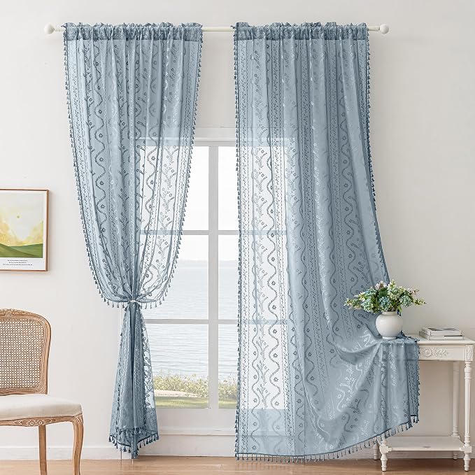 WAZZIO Boho Lace Curtains 2 Panels 84 Inch -Victorian Sheer Panel Drape French Country Floral Pattern & Tassel Light Filtering Privacy for Bedroom Dining Living Room,Coastal Decor,Dusty Blue,W52x L84