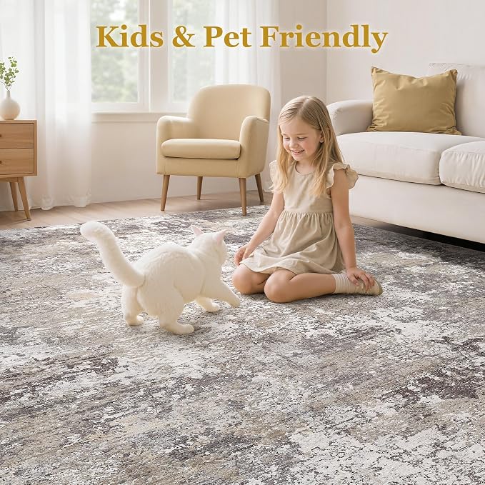 Area Rugs 6x9 Living Room: Washable Large Abstract Modern Neutral Soft Rug Stain Resistant Non-Slip Backing Carpet for Bedroom Dining Room Indoor Nursery Dorm Home Office Decor - Light Brown
