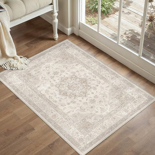 PureCozy Beige Area Rug 2x3 Washable Vintage Small Carpet for Entryway Kitchen Soft Retro Low Pile Thin Door Mat Non Slip Oriental Medallion Throw Rug for Bathroom Office Bedroom Dining Room