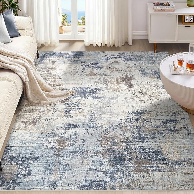 UERMEI 5x7 Area Rug Living Room Rugs - Washable Neutral Modern Abstract Soft Thin Large Rug Indoor Floor No Slip Rug Carpet for Bedroom Under Dining Table Home Office Decor - Denim Blue