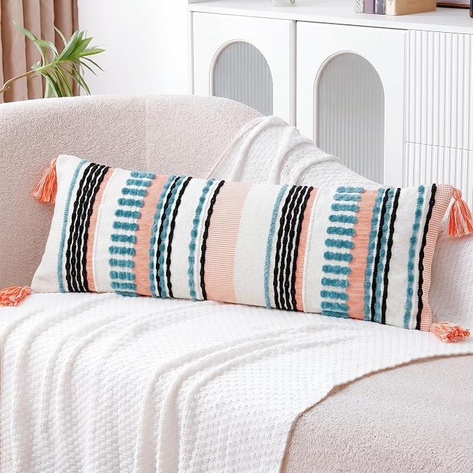 NUYECY Chenille and Cotton Long Pillow for Bed, Striped Textured Boho Lumbar Throw Pillow Cover 16x36, Neutral Accent Decorative Extra Long Body Pillow Case for Couch, Sofa, Bedroom, Turquoise