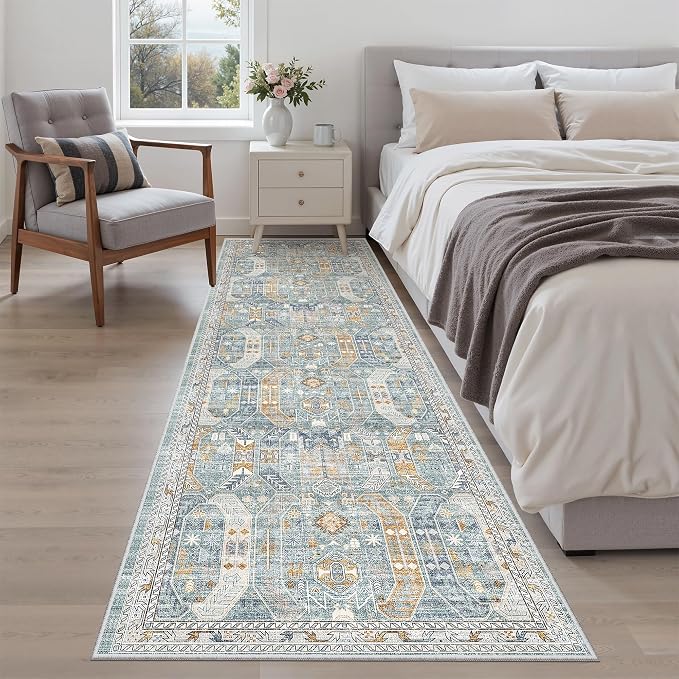 Madane Kitchen Runner 2'6''x8' Soft Rug Runners for Hallways, Blue/Gold | Vintage Machine Washable Rugs 2.5x8 Ft, Non-Slip Low Pile Stain-Resistant 8ft Floor Carpet for Laundry Room Corridor