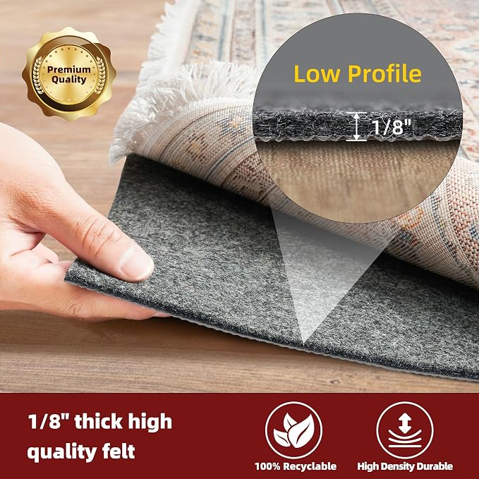 BAGAIL Felt and Natural Rubber Backing Rug Pads 1/8” Thick, 9 x 12 Ft Non Slip Rug Gripper Keep Rugs in Place, Under Area Rug Protective Cushioned Pads, Carpet Runners, Hardwood Floors Protection
