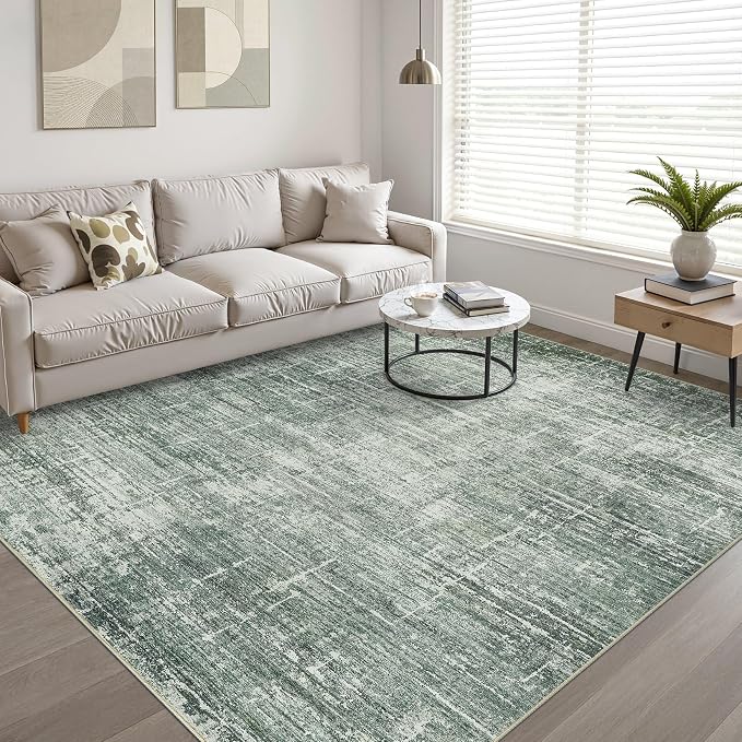 7x9 Area Rug Living Room: Washable Large Neutral Rugs Abstract Soft Modern Stain Resistant Indoor Floor Non-Slip Carpet for Bedroom Nursery Kids Office Playroom Dining Room Under Table- Dark Green