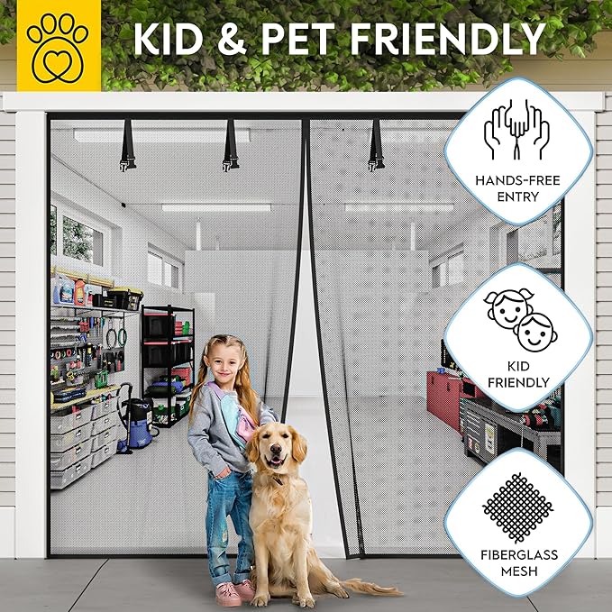 AUGO Garage Door Screen, 2 Car 8x7FT, Fiberglass mesh with Magnetic Closure, Heavy Duty Weighted Bottom, Easy Assembly & Pass, Hands Free Screen Door