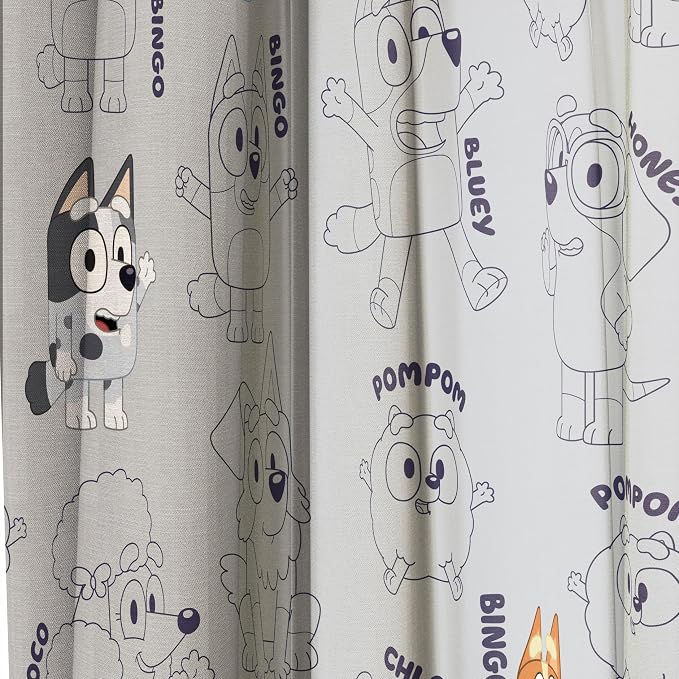 Jay Franco Window Curtains for Kids Bedroom 4-Piece Drape Set with 2 Tiebacks, Grey - Bluey, 42" W x 63" L (Pack of 2)