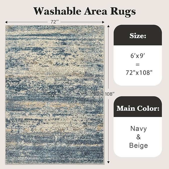 Art&Tuft Washable Rug 6x9, Anti-Slip Backing Abstract 6x9 Area Rug, Stain Resistant Rugs for Living Room, Foldable Machine Washable Area Rug (6'x9', Navy)