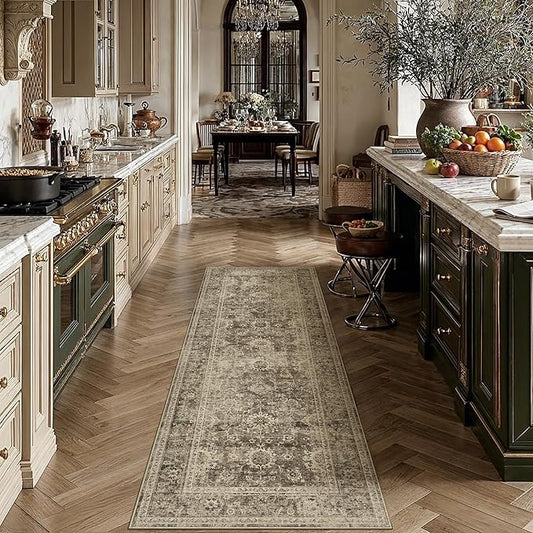 2x5 Washable Runner Rug for Kitchen Hallway Brown Vintage Non-Slip Low Pile Distressed Rustic Carpet Soft Throw Rug for Indoor Entryway Bedroom